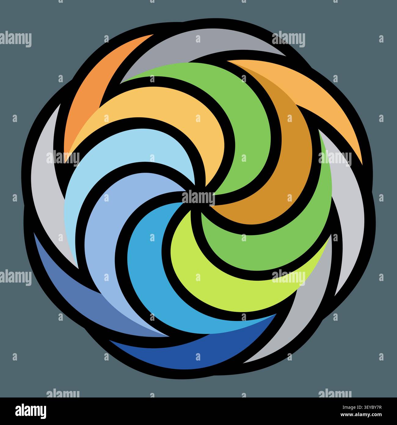 Disegno a spirale circolare colorato con segmenti vivaci e linee audaci Illustrazione Vettoriale