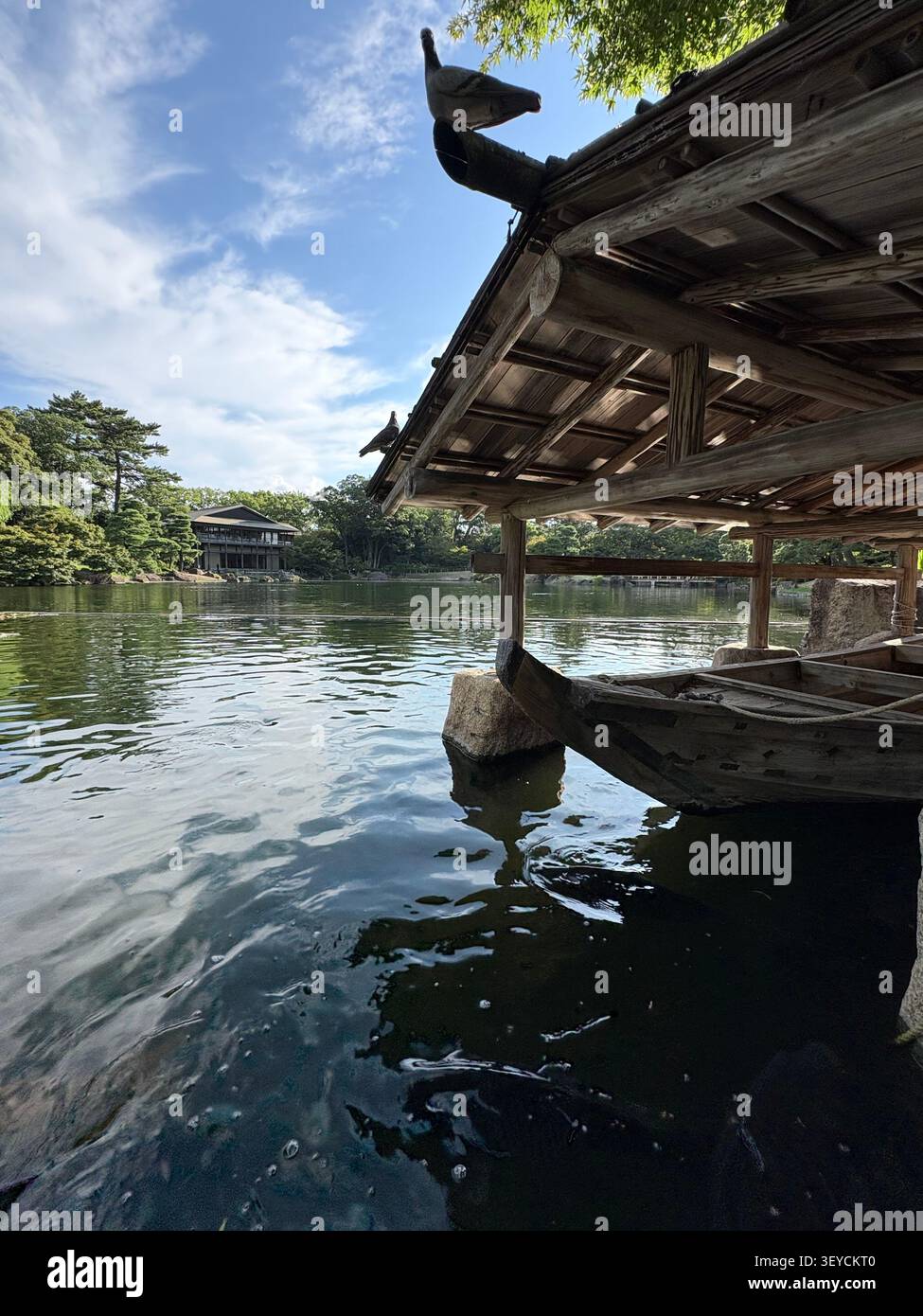 Vista ad angolo basso sotto una struttura di ponte in legno che si riflette in un tranquillo laghetto, Giappone. Lussureggianti alberi verdi e cielo blu visibili sullo sfondo. - Immagine stock catturata con smartphone