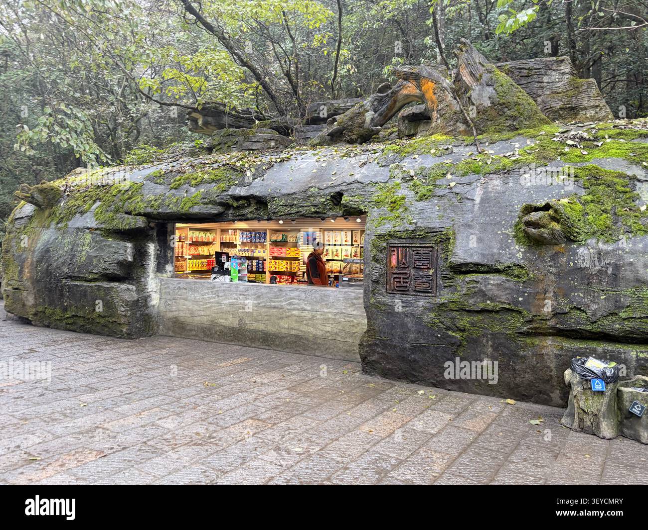 Negozio di souvenir unico scavato in una formazione rocciosa ricoperta di muschio in un parco montano boscoso, in Cina. Fornitore dietro il banco di pietra, caratteri cinesi accesi - Immagine stock catturata con smartphone