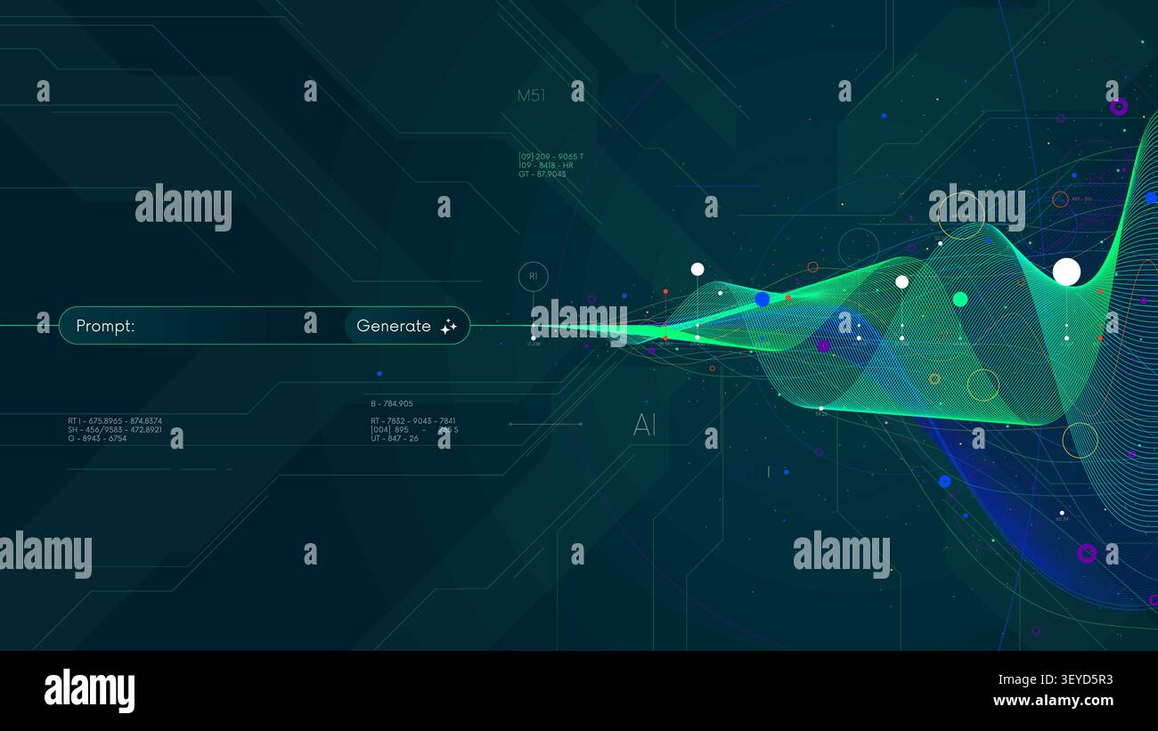 Visualizzazione cibernetica astratta concetto di intelligenza artificiale e onde di dati generativi di intelligenza artificiale brillanti con barra dei prompt e campo di ricerca Interface, Futurist Illustrazione Vettoriale