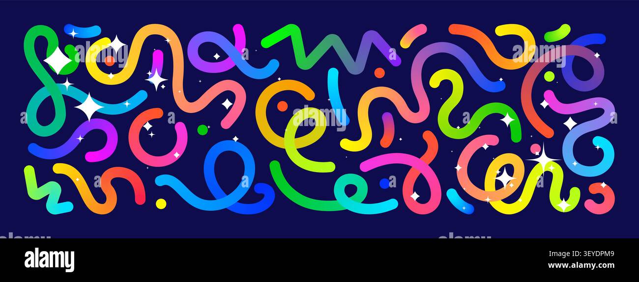 Elementi ritorti astratti a gradiente colorato dinamico: Linee, loop, strisce arcobaleno vorticose e trendy, forme curve isolate al neon lisce e geometriche Illustrazione Vettoriale