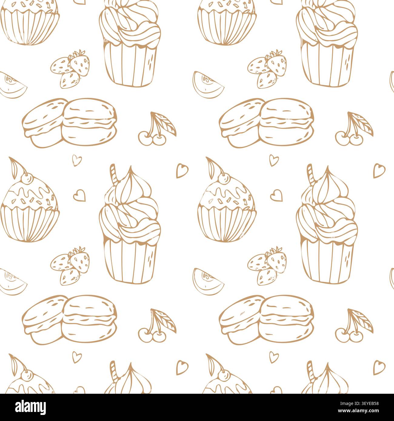 Cupcake dolce e macarons motivo a contorno di fragola con elementi di doodle. Dessert dolce di panetteria, motivo a contorno marrone su sfondo bianco. Texture vintage di cupcake. Illustrazione di schizzo vettoriale. Illustrazione Vettoriale