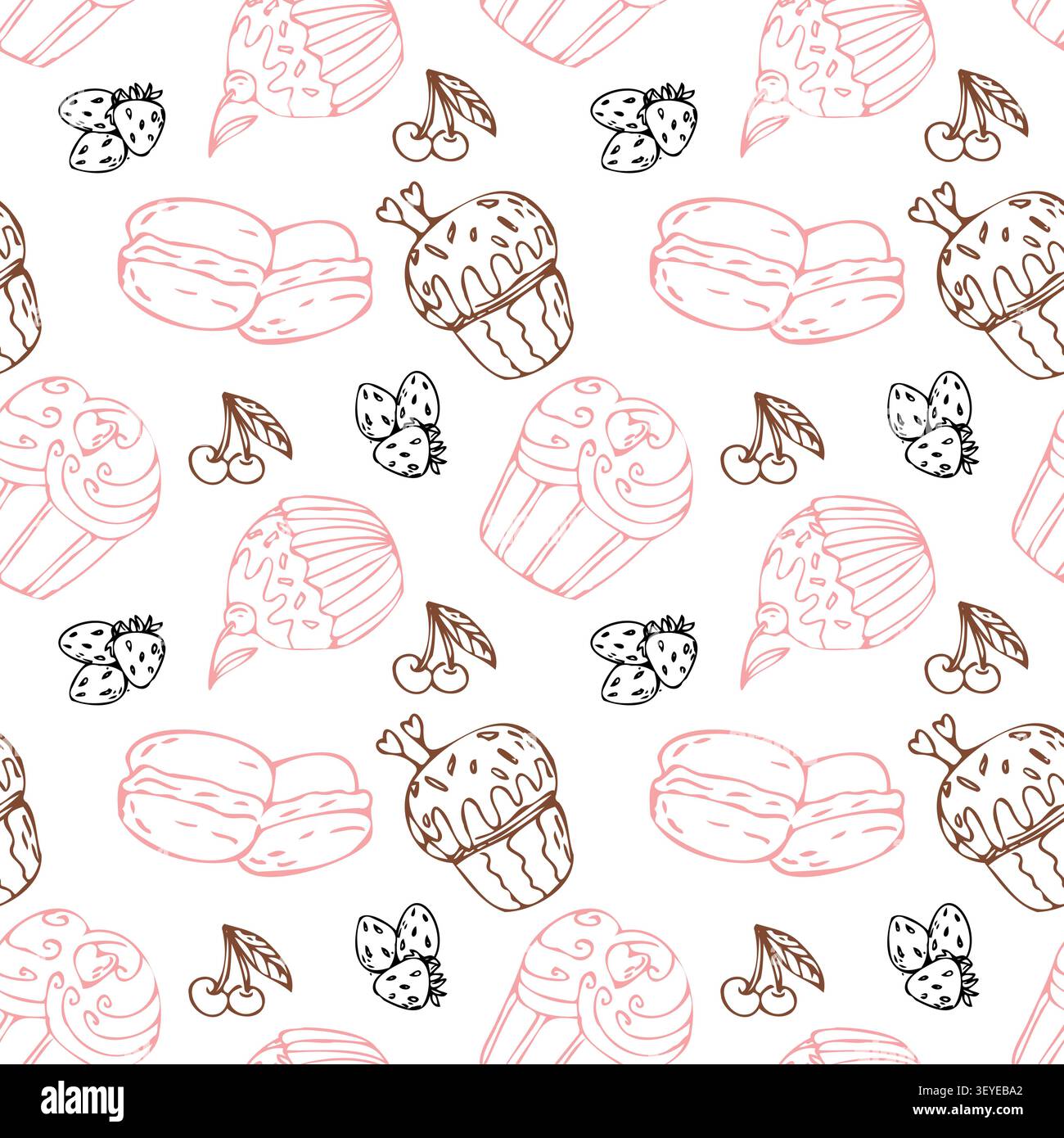 Motivo di cupcake rosa e marrone disegnato a mano con glassa per muffin, ciliegia. Dessert dolce di panetteria, motivo a contorno su sfondo bianco. Texture vintage di cupcake, sfondo di pasticceria dolce. Illustrazione di schizzo vettoriale. Illustrazione Vettoriale