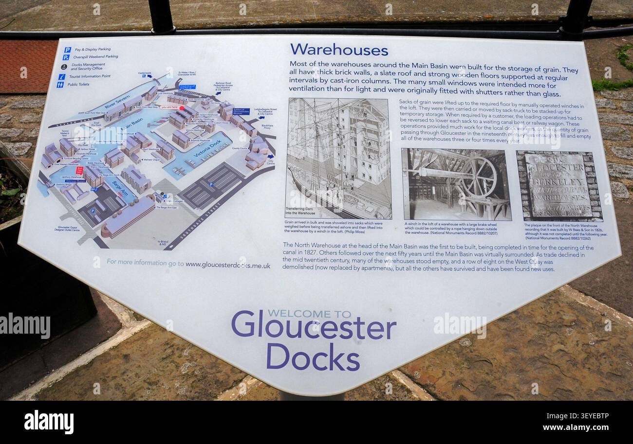 Avvisi informativi sui magazzini, i moli di Gloucester. Foto Stock