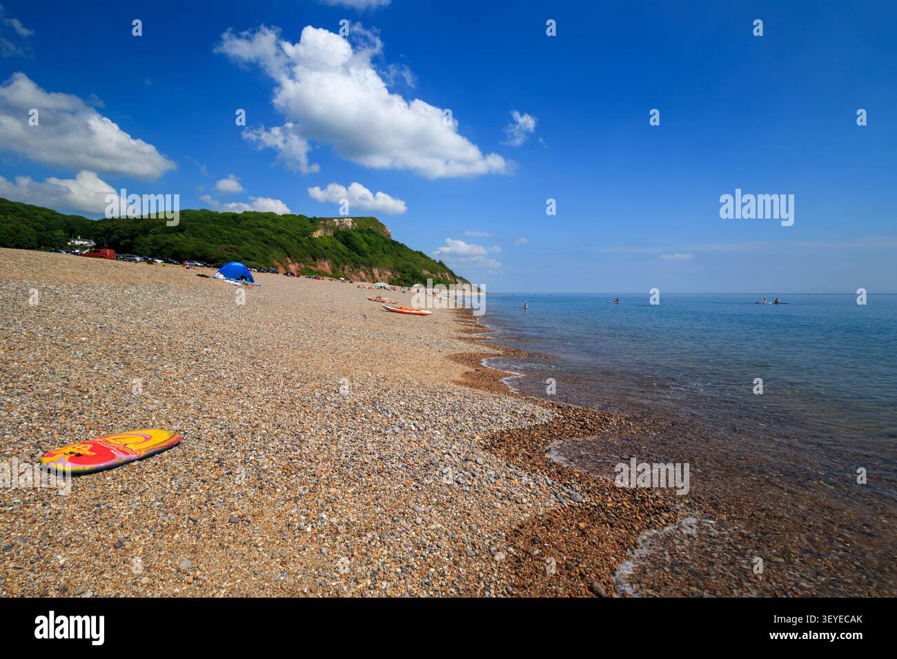 Bodyboard colorato sulla spiaggia di ciottoli e sulla costa di Seaton Beach a Seaton, Devon, Inghilterra, Regno Unito Foto Stock