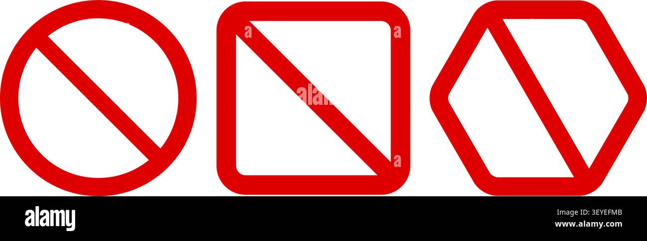 Set di modelli di segnali di divieto vuoti in varie forme geometriche per simboli di sicurezza personalizzati e grafici di avvertenza. Vettore modificabile per il branding, firma Illustrazione Vettoriale