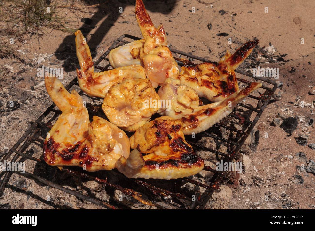 Meravigliose ali di pollo grigliate sui carboni. Un uomo li capovolge con cura con le pinze per garantire la perfetta donità. Foto Stock
