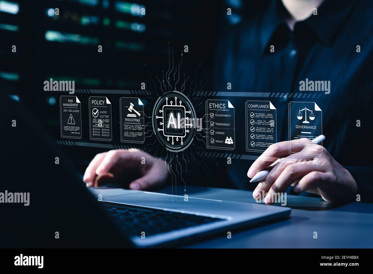 Concetto di governance etica e gestione della conformità dell'AI. documento di politica, regolamentazione, rischio, responsabilità, trasparenza, equità, privacy, legale Foto Stock