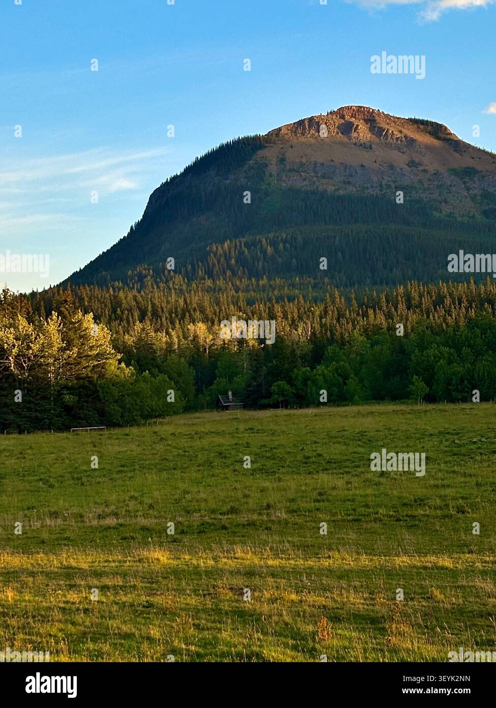 Le aspre cime delle Montagne Rocciose canadesi si innalzano sopra le acque cristalline del lago Waterton, del Waterton Lakes National Park, Alberta, Canada. - Immagine stock catturata con smartphone