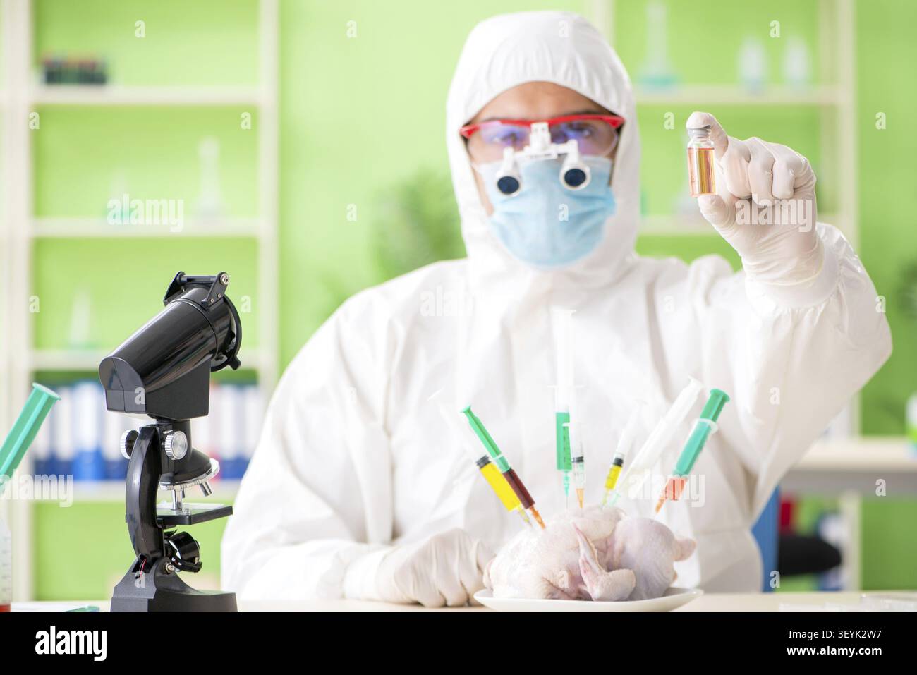 Assistente di laboratorio test pollo OGM Foto Stock