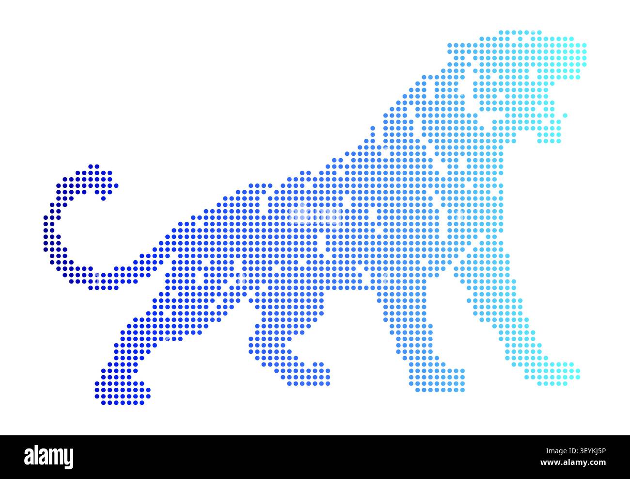 Una silhouette stilizzata di un leopardo in agguato composta da punti circolari blu e blu scuro, isolata su uno sfondo bianco pulito, digitale Illustrazione Vettoriale