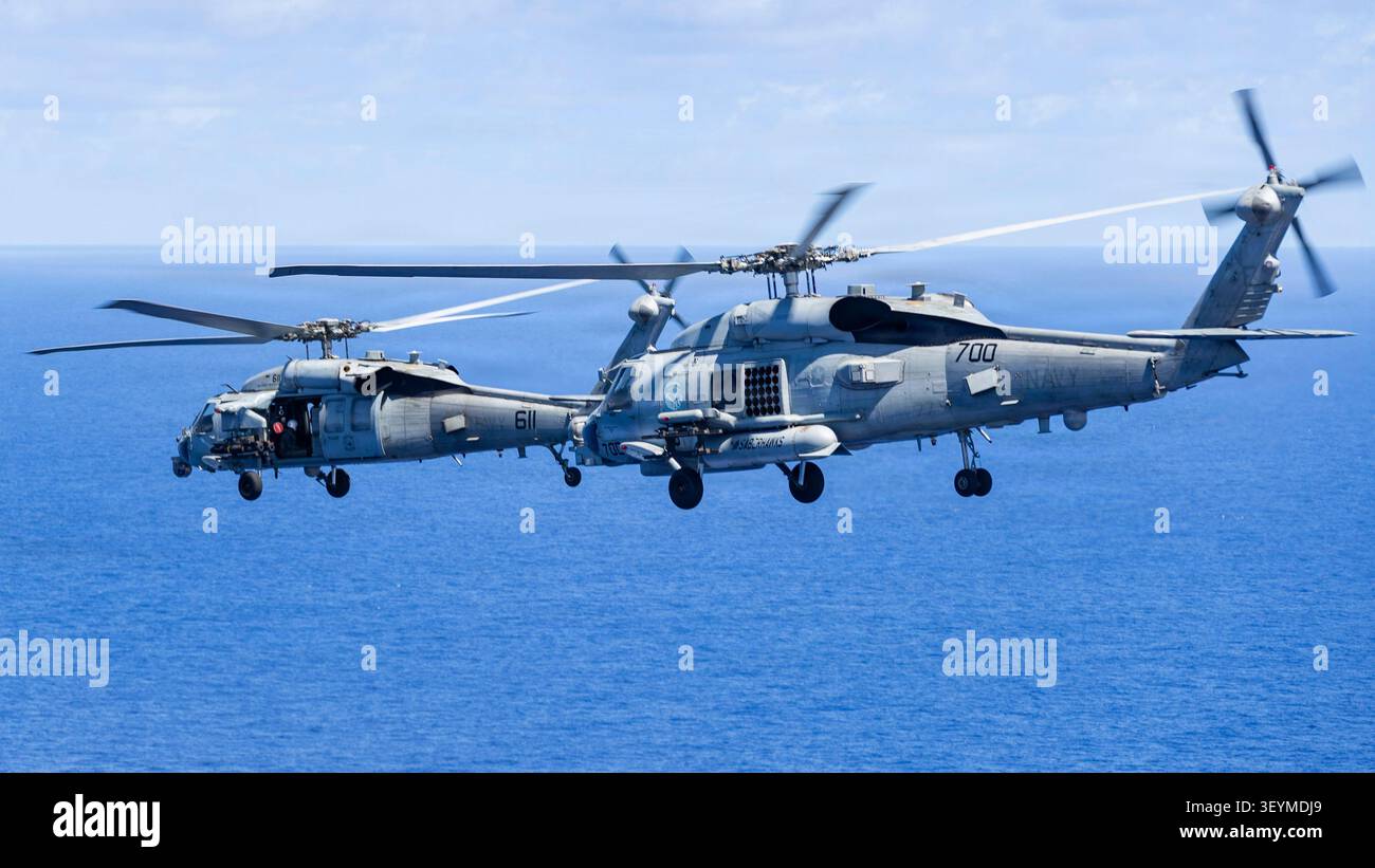 Un MH-60S Seahawk, attaccato all'Helicopter Sea Combat Squadron (HSC) 12 e un MH-60R Seahawk, attaccato all'Helicopter Maritime Strike Squadron (HSM) 77 Foto Stock