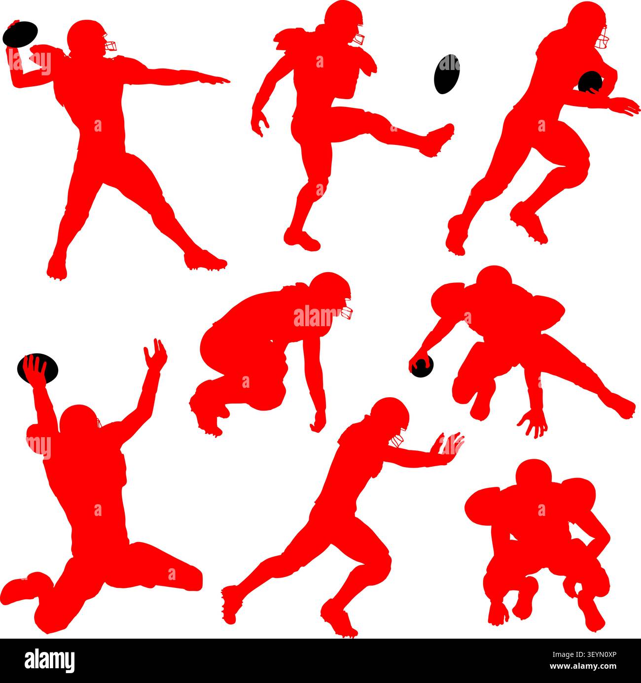 Serie di silhouette di giocatori di football americano in varie pose con la palla, vettoriale isolato su sfondo bianco Illustrazione Vettoriale