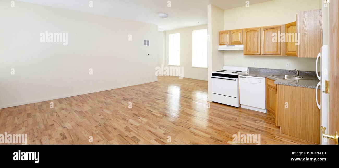 Vista panoramica dell'interno di una cucina vuota in un appartamento a Filadelfia, USA Foto Stock