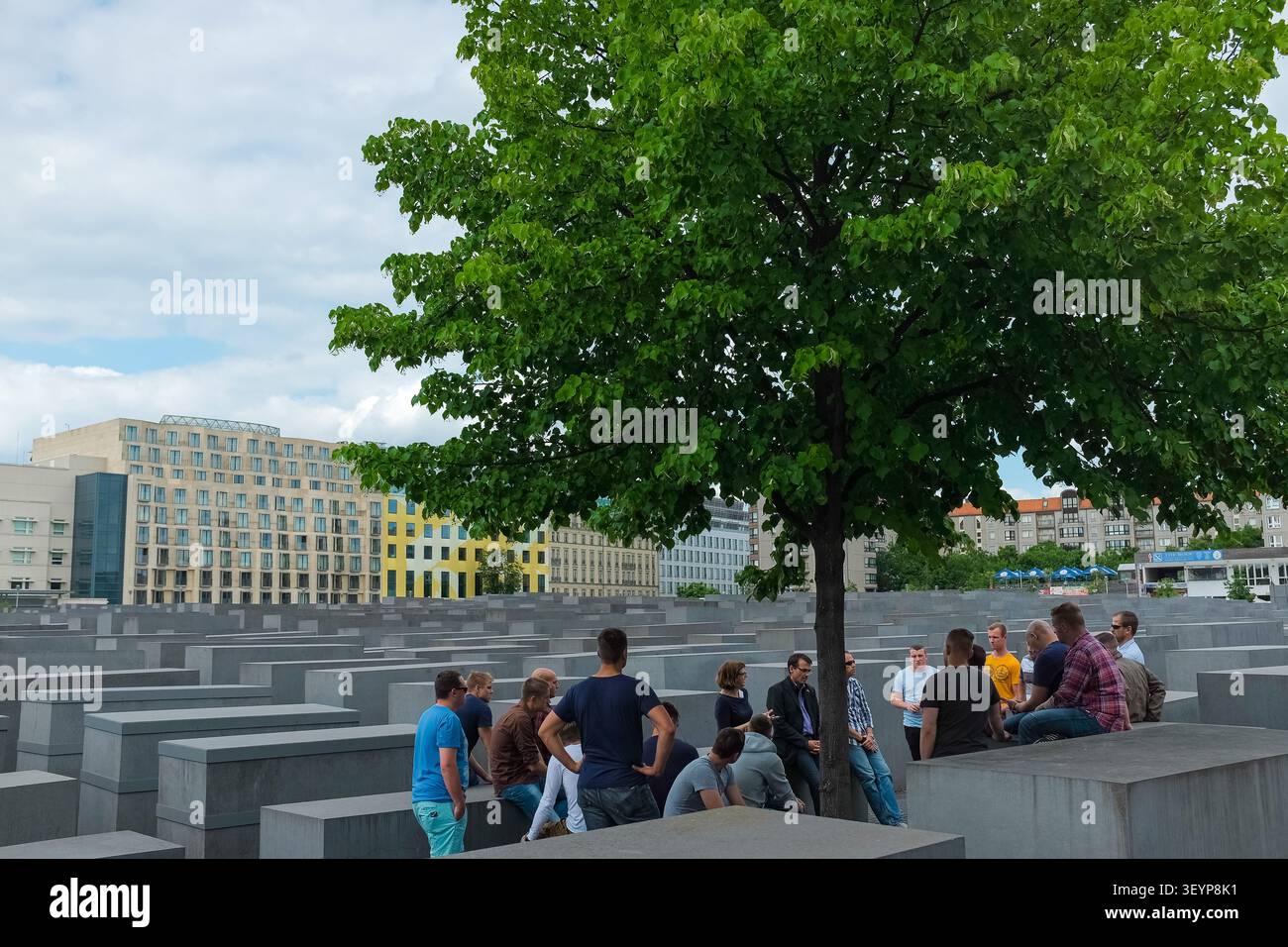Berlino, Germania: Un gruppo di turisti ascolta una guida presso il triste Memoriale dell'Olocausto, pilastri di cemento del campo delle stele, visita didattica. Foto Stock