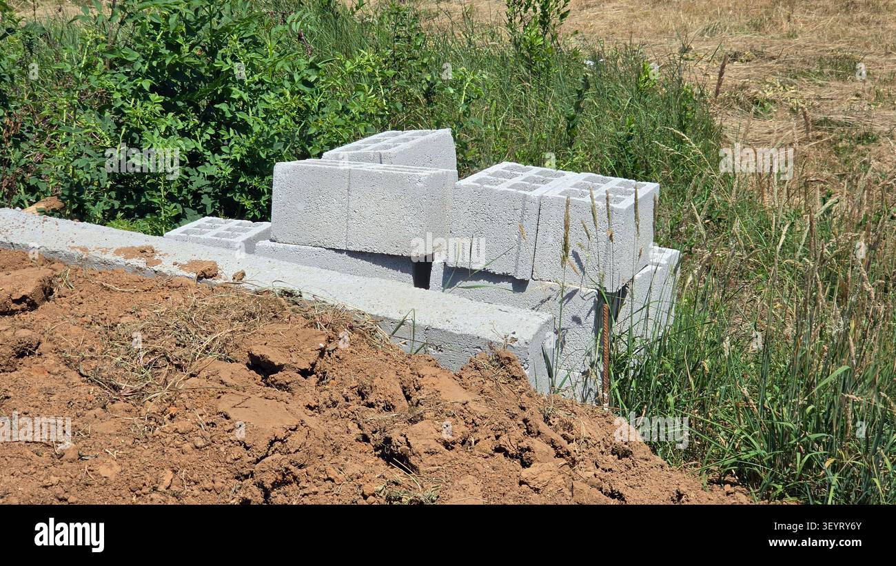 Un piccolo mucchio di blocchi rettangolari cavi di cenere poggia su terreno terroso accanto a una trave di fondazione in cemento e erbacce verdi selvatiche Foto Stock