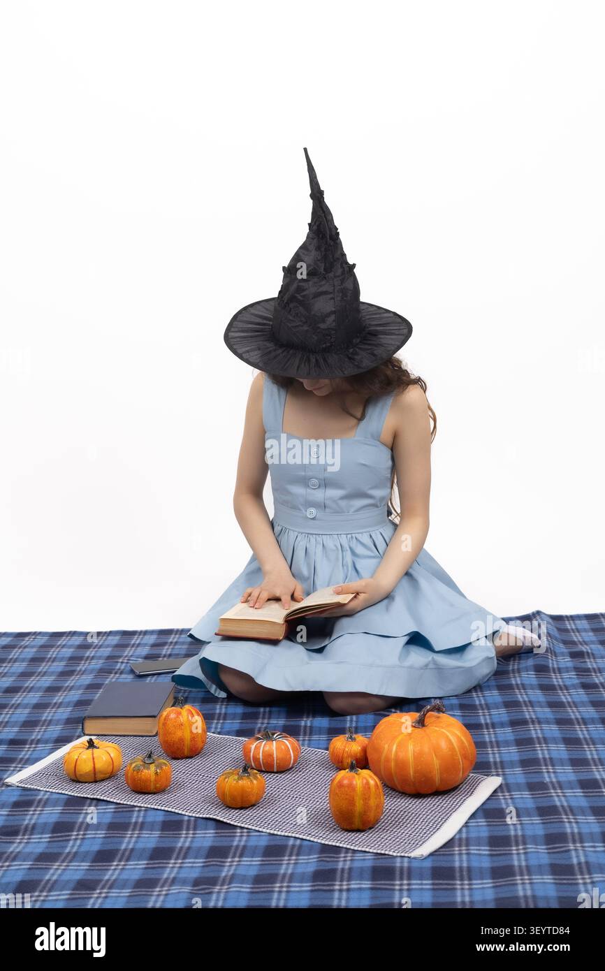 Una modella seduto a un picnic al coperto in autunno, rilassandosi tranquillamente Foto Stock