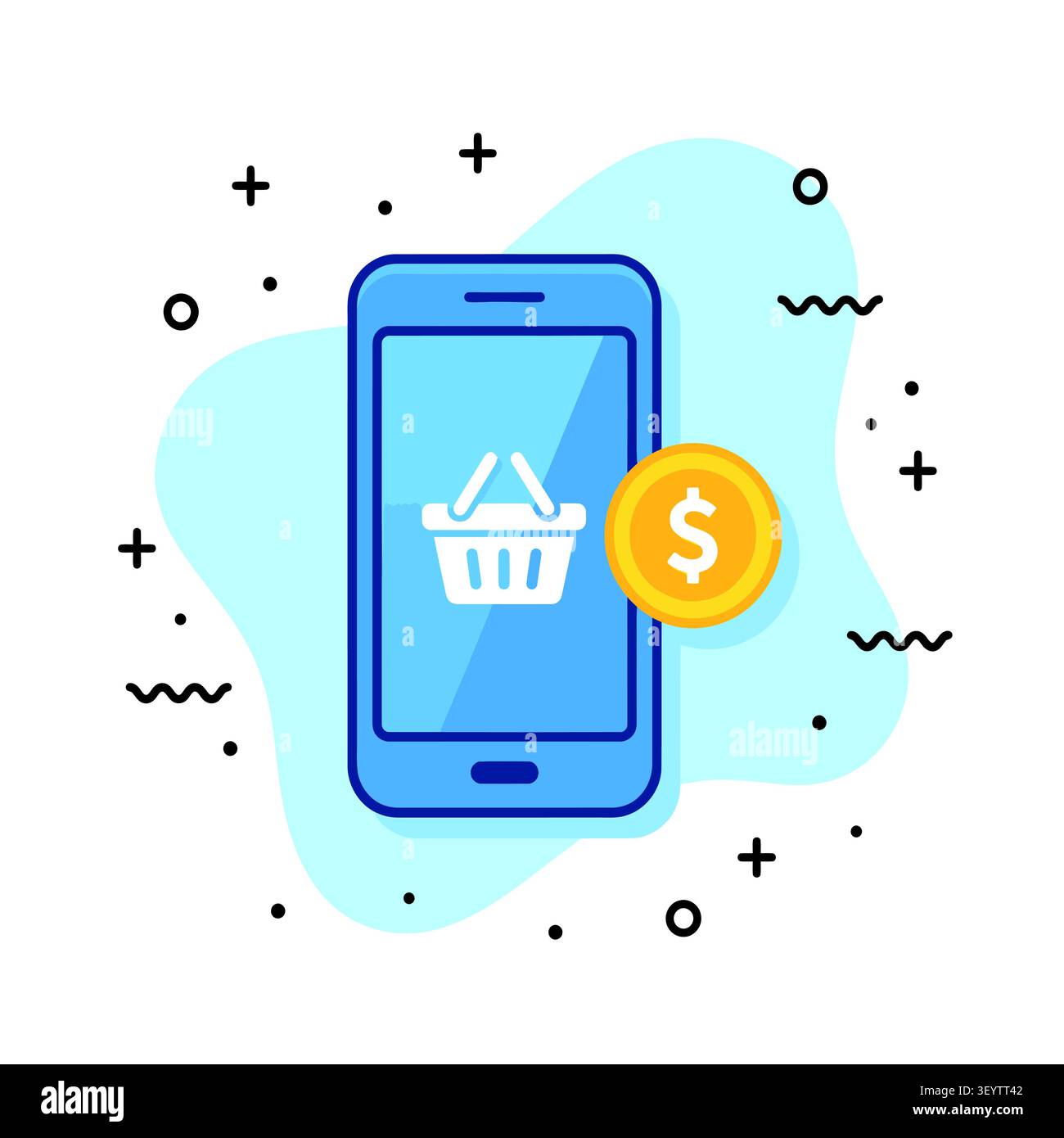 Icona di smartphone con cestino della spesa e moneta d'oro per il concetto di shopping online mobile Illustrazione Vettoriale