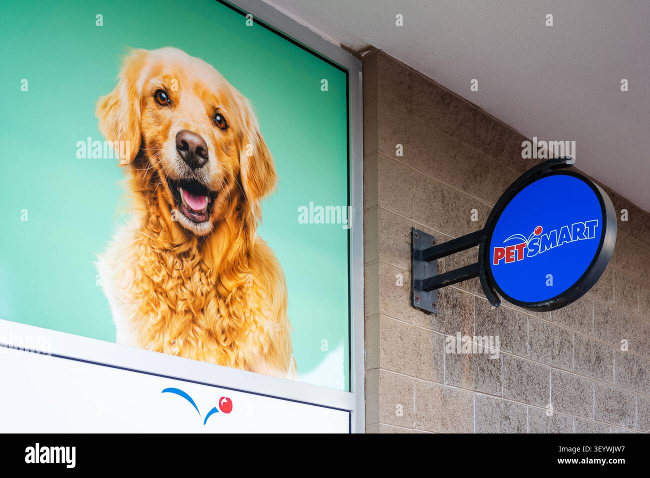 New Hartford, New York - 21 giugno 2026: Vista esterna del poster per cani PetSmart e del cartello circolare con il logo, situato al 4798 Commercial Drive di New Hartford, N Foto Stock