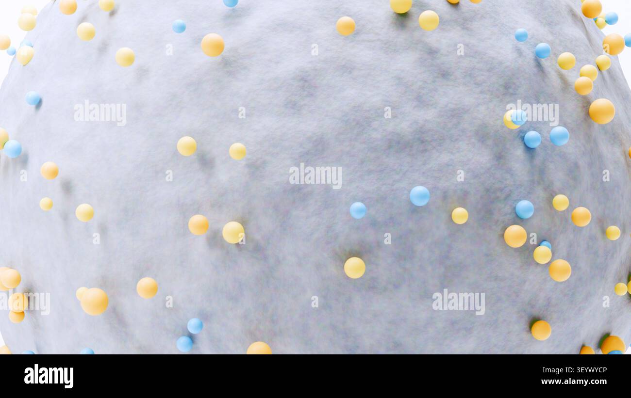 Rendering CGI 3D ad alta risoluzione con una macro vista di piccole sfere di colore giallo liscio e azzurro che fluttuano sopra un grande surfac testurizzato grigio chiaro Foto Stock