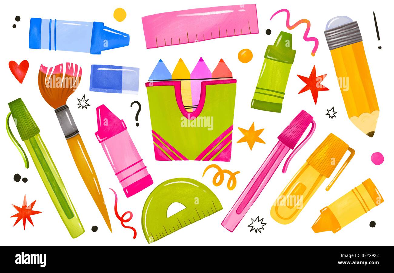 Forniture scolastiche disegnate a mano con pastelli colorati matita e righelli isolati su sfondo bianco, perfetti per banner Back to School poster e chi Foto Stock