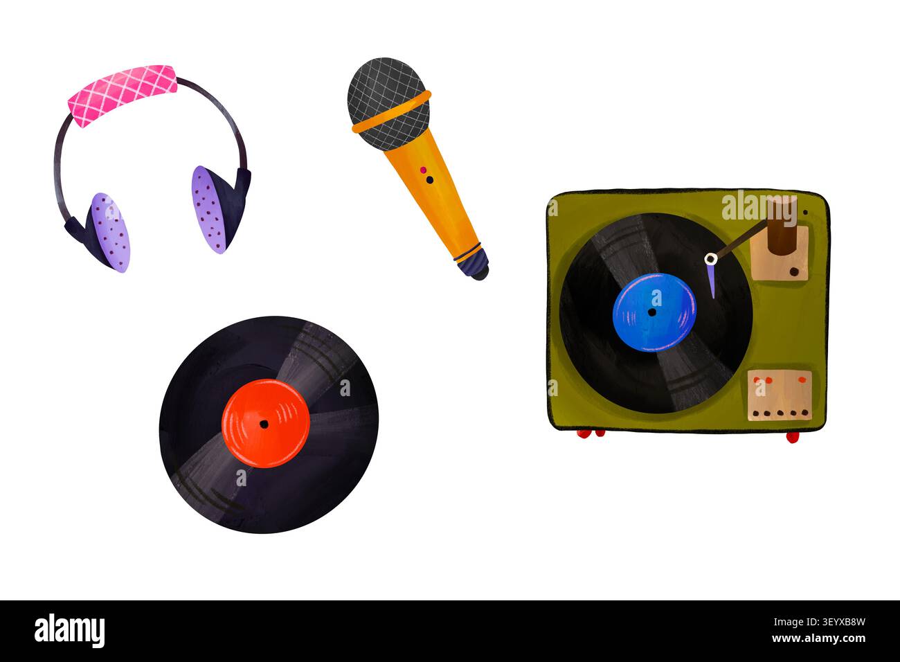 Attrezzatura per la registrazione in studio retrò con microfono per cuffie e giradischi color oliva clip art disegnata a mano per podcast cover art o per il compleanno dei musicisti Foto Stock