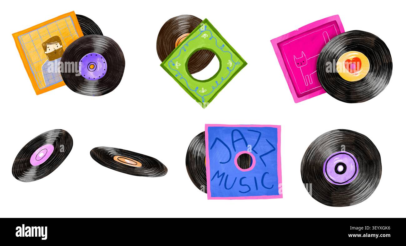 Set di dischi in vinile retrò con inserti in carta colorata grafica disegnata a mano. Ideale per badge da collezione, icone di feste retrò, volantini di negozi di musica o. Foto Stock