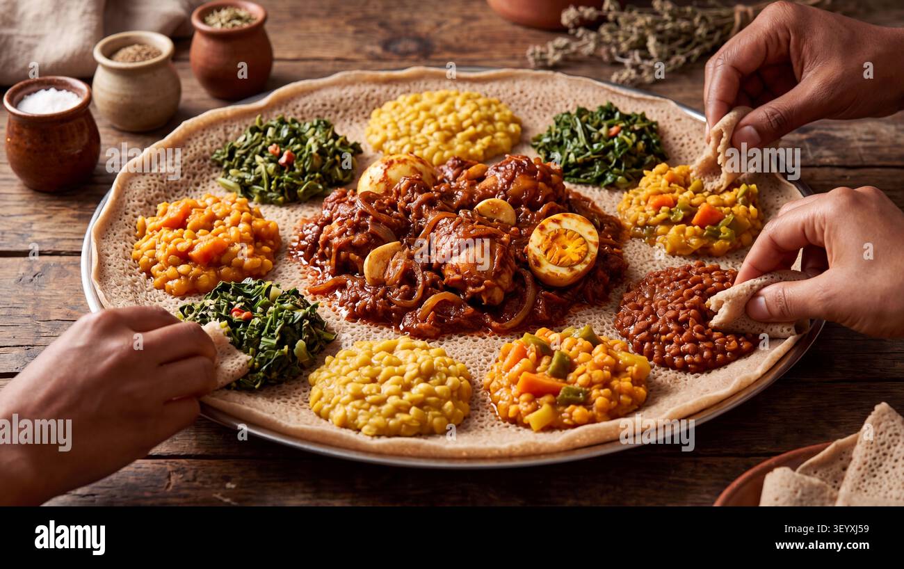 Autentico injera etiope servito con Doro Wat, uno stufato di pollo speziato con miscela di spezie berbere, cipolle, aglio e uova sode. Il grande fermento Foto Stock