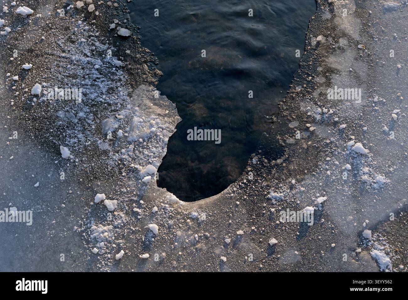 Sfondo invernale di una copertura di ghiaccio su un lago con accesso all'acqua. Foto Stock