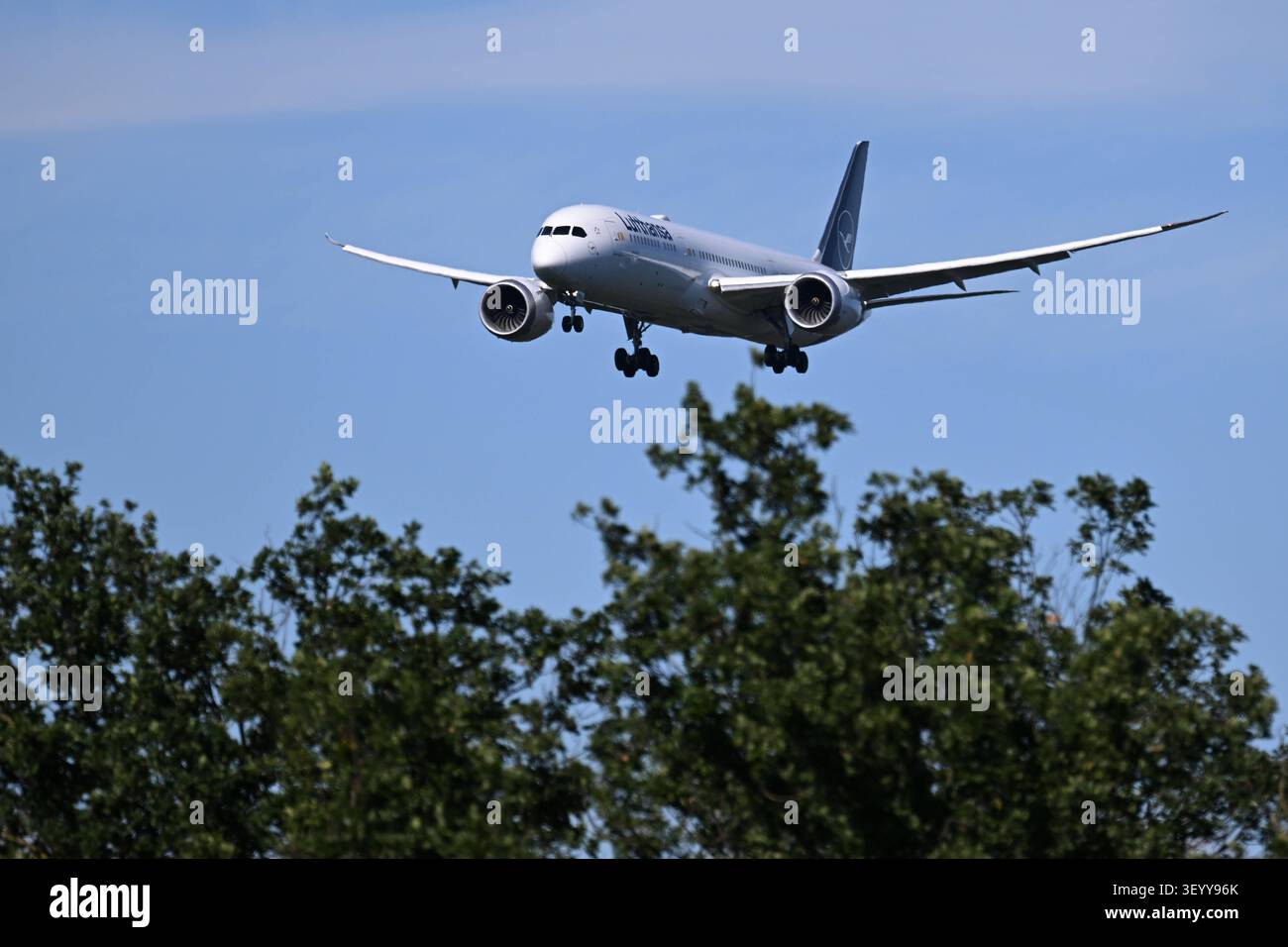 03.07.2026, xsvx, Reise, Urlaub, Wirtschaft, emwir, Neue Boeing 787-9 mit der Kennung D-ABPO im Landeanflug auf Frankfurt Hex Code 4CAC0F Lufthansa Name: Oberhausen Frankfurt *** 3 luglio 2026, xsvx, Travel, Vacation, Economy, emwir, nuovo Boeing 787-9 con immatricolazione D ABPO in avvicinamento alla Francoforte Hex codice 4CAC0F Lufthansa nome Oberhausen Francoforte Foto Stock