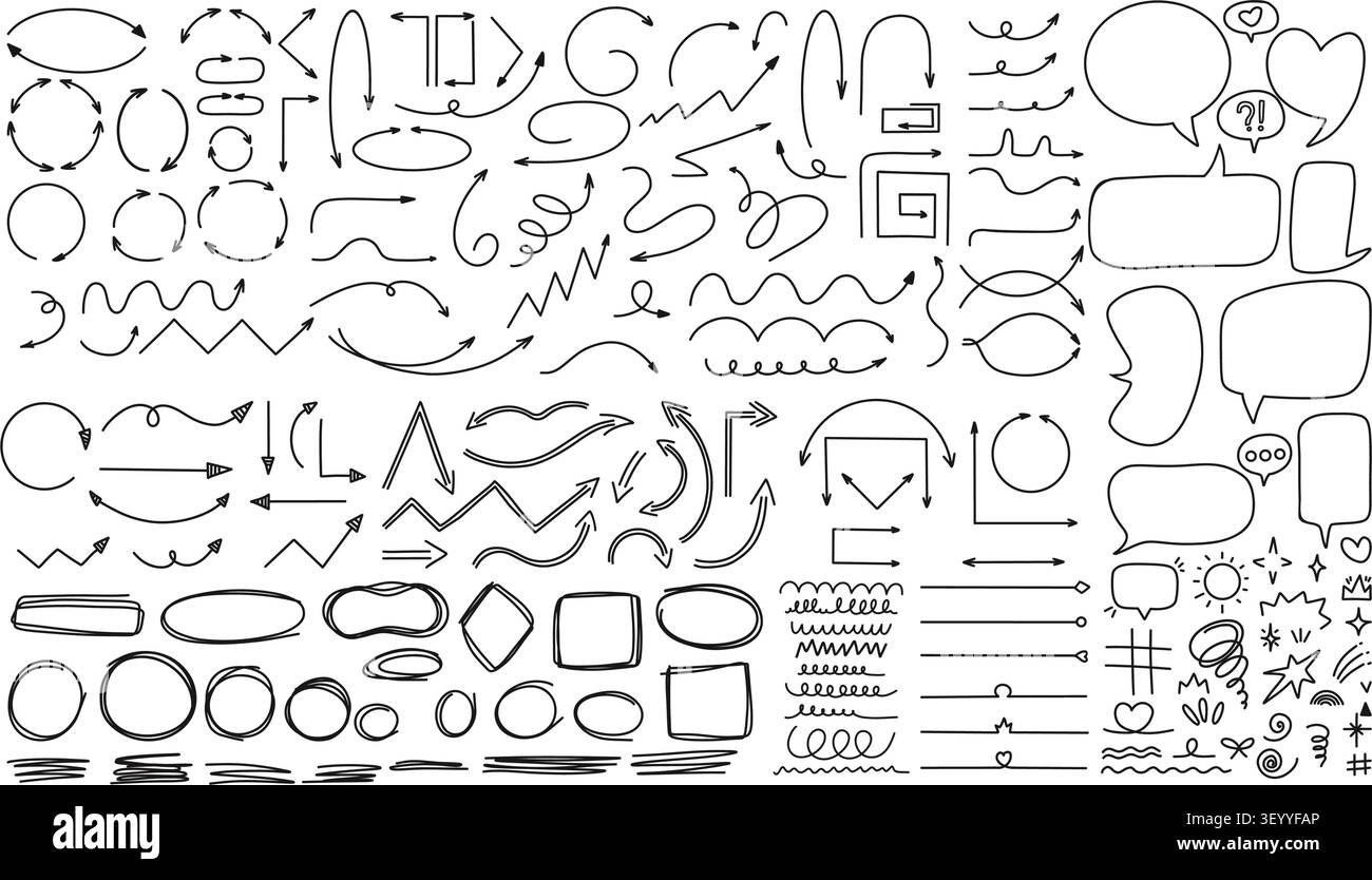 Mega set elementi UI Doodle. Frecce e puntatori disegnati a mano per Dashboard Design. Disegna linee minimaliste, simboli di schizzo, cornici a reticolo con Illustrazione Vettoriale