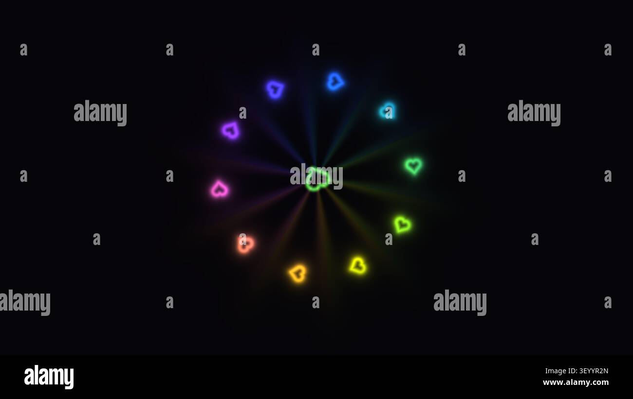 Le forme del cuore luminoso sono disposte in un motivo circolare su uno sfondo scuro. Il design presenta vari colori che creano un effetto visivo vivace Foto Stock