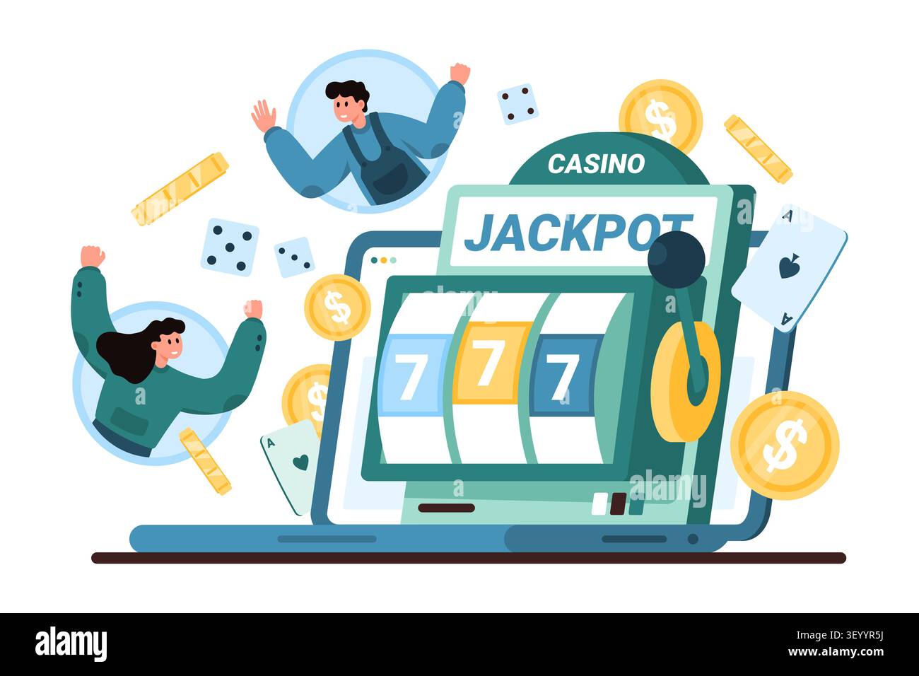 Concetto di jackpot di casinò online con slot machine, sette fortunati, monete, carte, dadi e giocatori che festeggiano sullo schermo del laptop, isolato su sfondo bianco, illustrazione vettoriale Illustrazione Vettoriale
