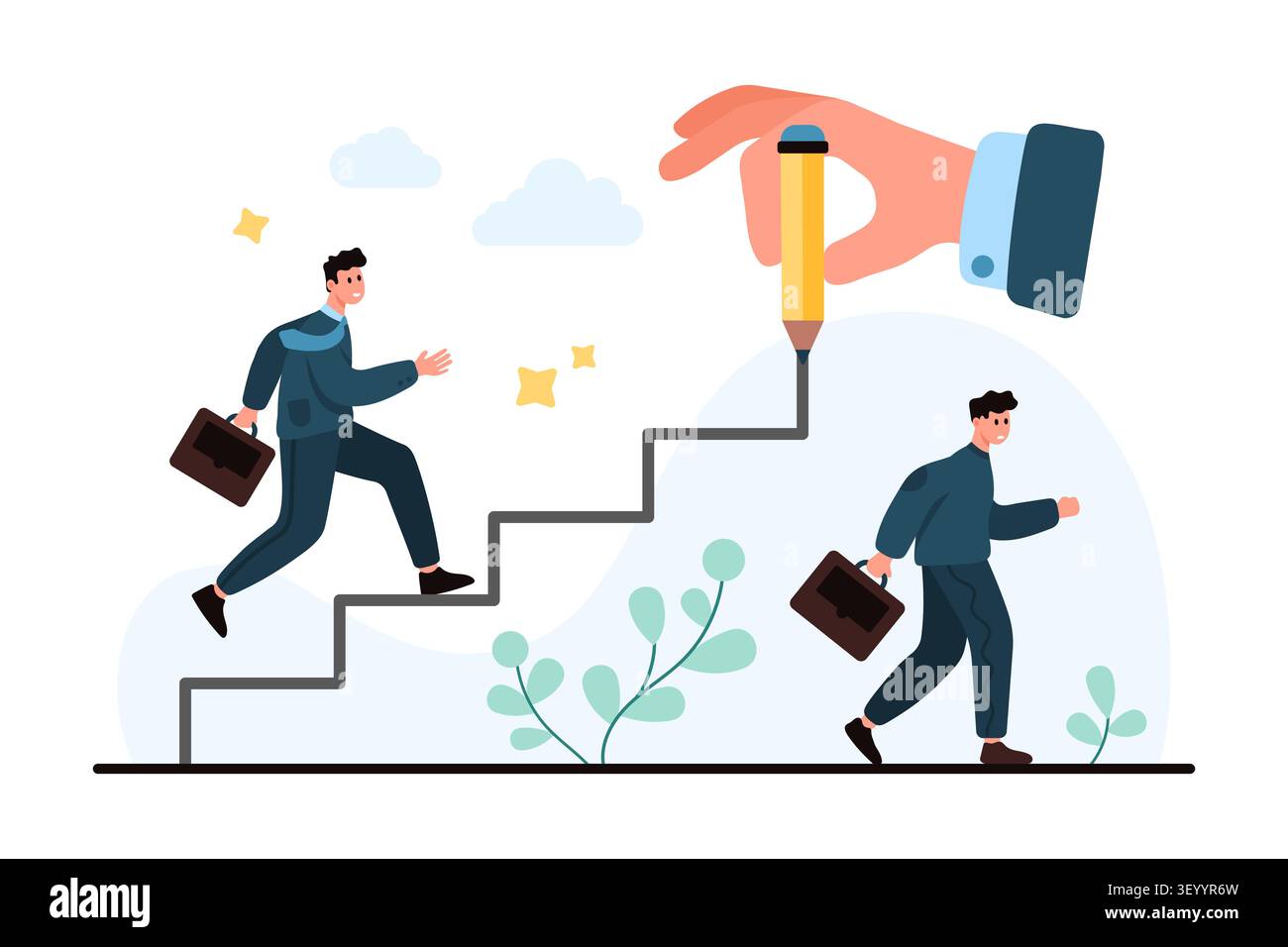 Uomo d'affari sale scale disegnate verso la crescita professionale mentre un altro cammina sotto, mostrando il concetto di successo e fallimento nella promozione in un'illustrazione vettoriale flat design pulita Illustrazione Vettoriale