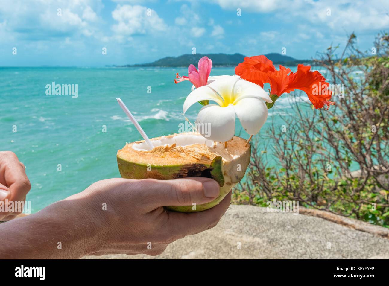 Gelato fresco al cocco con fiori tropicali in mani maschili. Dessert tropicale estivo con mare turchese sullo sfondo, isola di Samui, Thailandia Foto Stock