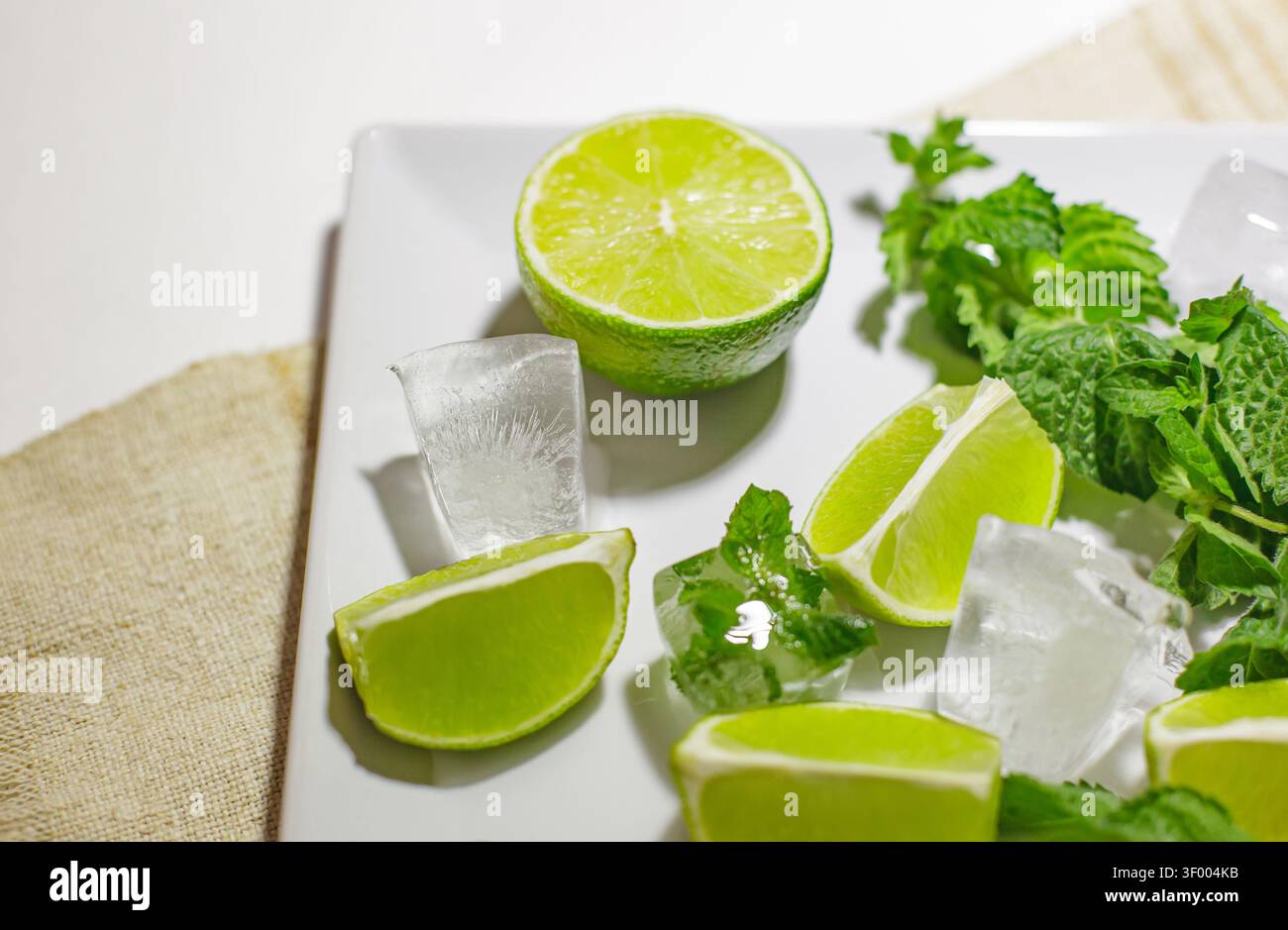 Primo piano di spicchi di lime a fette fresche, rametti aromatici di menta verde e cubetti di ghiaccio limpido serviti su un piatto bianco. Ingresso cocktail Mojito Foto Stock