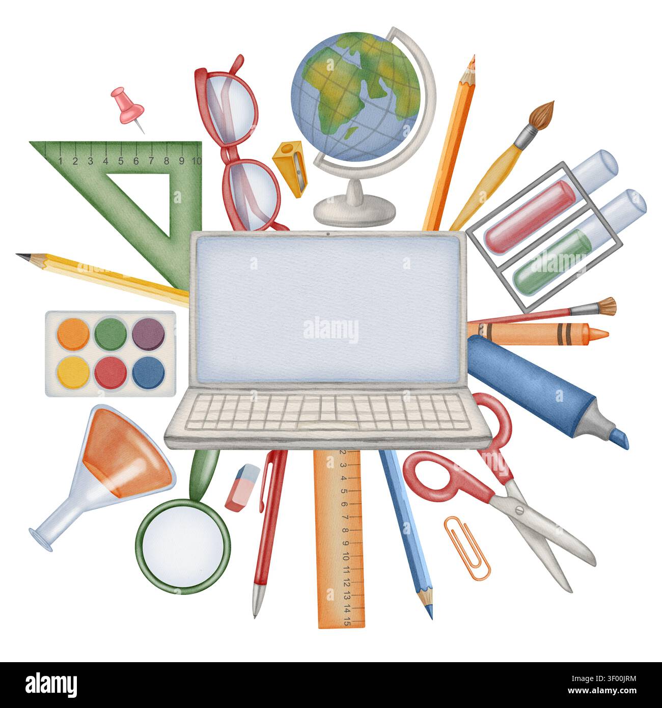 Banner didattico online Watercolor con laptop e materiale scolastico isolato su sfondo bianco. Perfetto per banner didattici, poster autunnali, retro t Foto Stock