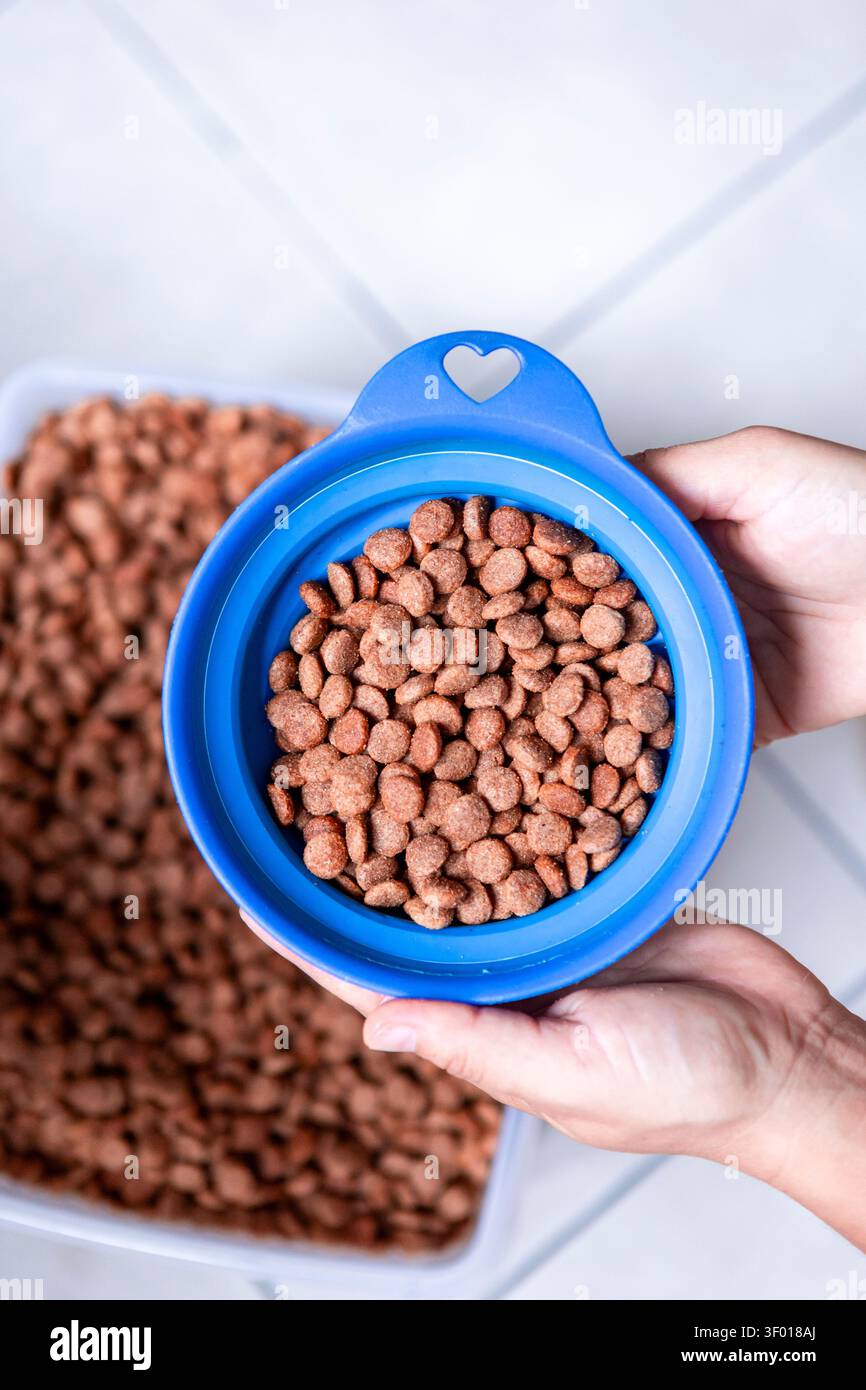Primo piano di mani che tengono in mano una ciotola blu per animali, riempita di ciambelle per cani secchi, sopra un contenitore di conservazione. Concetto di routine di alimentazione, nutrizione, cura degli animali domestici, a. Foto Stock