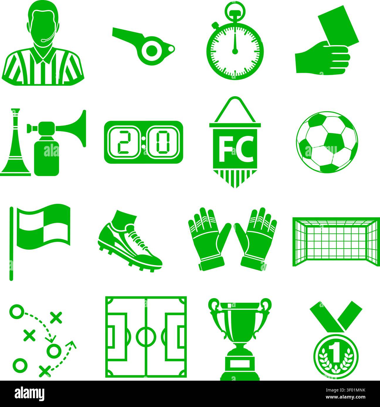Set di icone calcio e calcio per volantino, poster, sito Web. Illustrazione vettoriale isolata su bianco. Illustrazione Vettoriale
