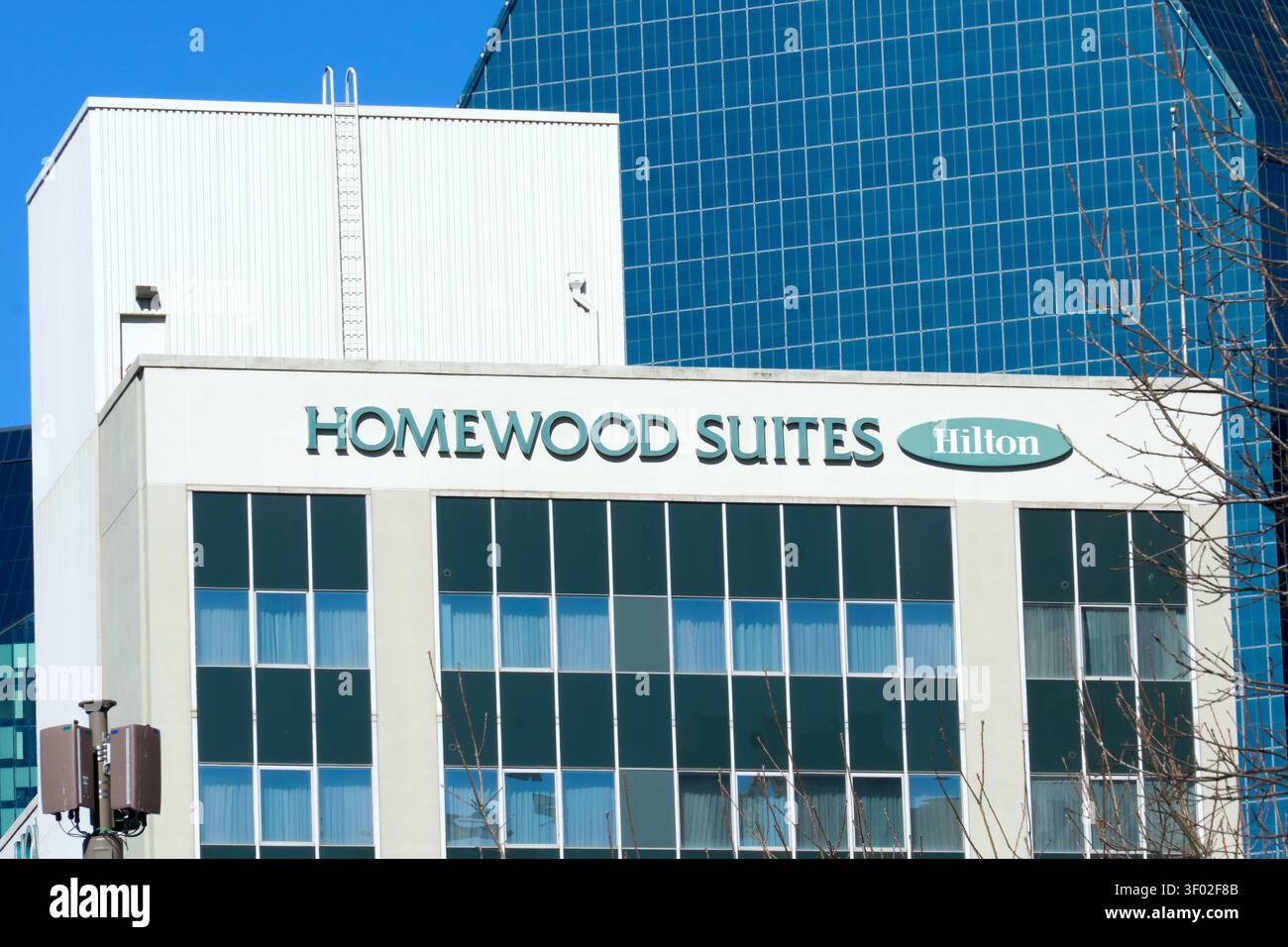 DALLAS, TX, USA - 16 FEBBRAIO 2024: La facciata dell'hotel Homewood Suites by Hilton a Dallas e' esposta in modo prominente, con il logo dell'hotel Foto Stock