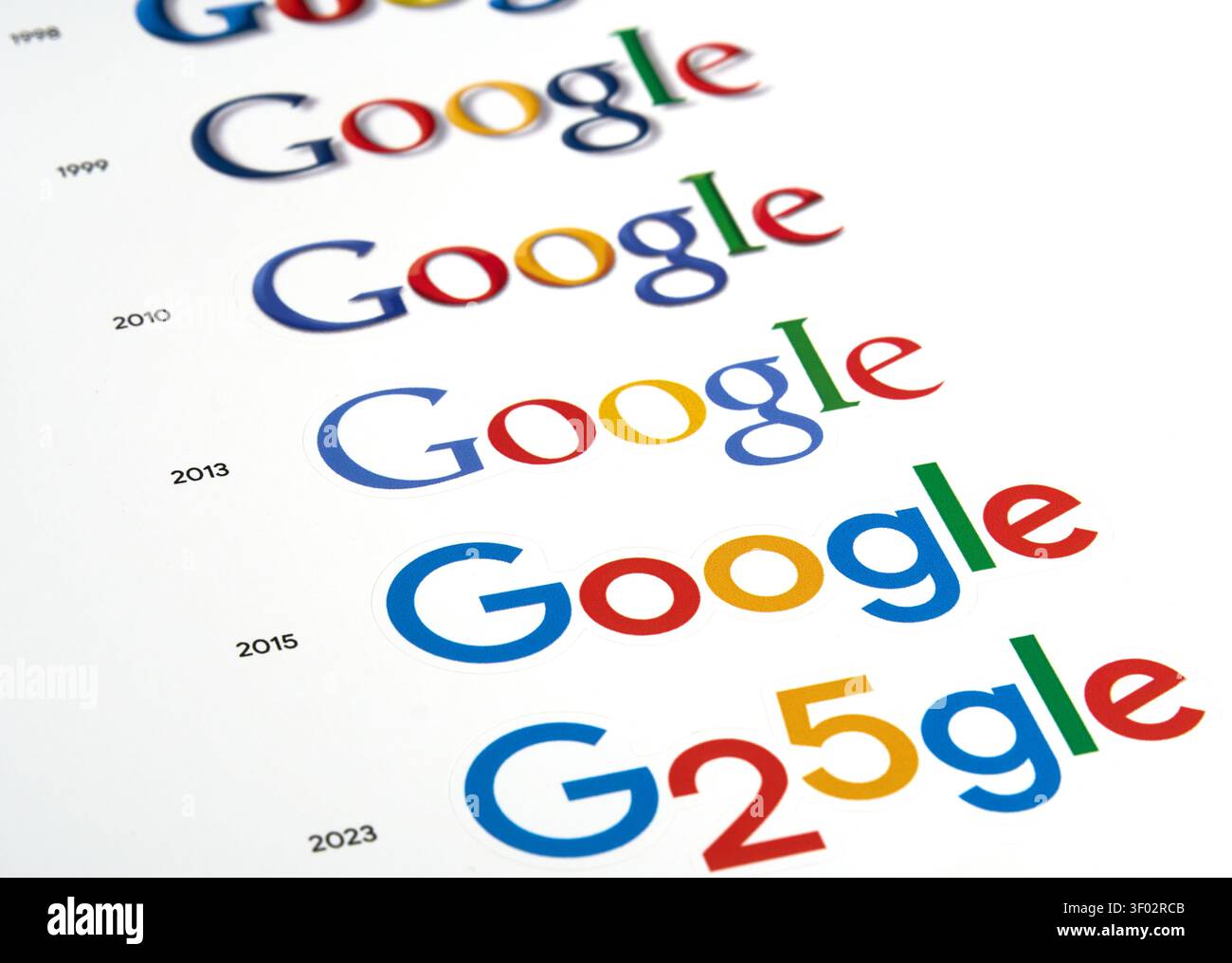 DALLAS, TX, USA - 16 FEBBRAIO 2024: L'immagine mostra l'evoluzione del logo Google dal 1999 al 2023, culminando in un anniversario speciale Foto Stock