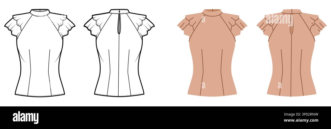 Blusa a collo alto con manica con volant, silhouette aderente e cuciture pulite. Illustrazione tecnica di moda in bianco e nero e a colori, vista anteriore e posteriore, modello CAD di abbigliamento. Vettore Illustrazione Vettoriale