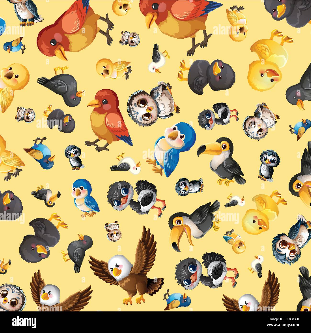 Illustrazione vettoriale piatta di vari uccelli colorati disposti in un design a ripetizione senza cuciture. Illustrazione Vettoriale
