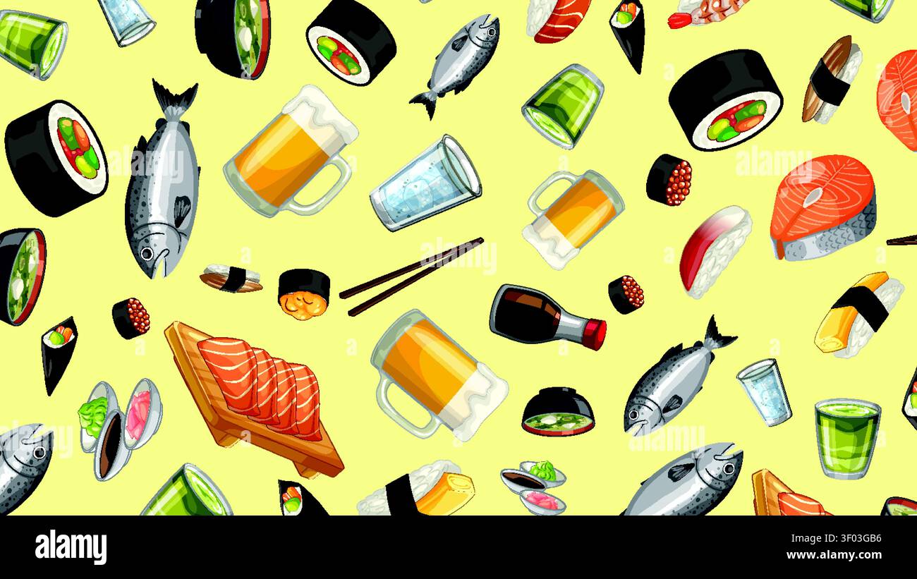 Illustrazione vettoriale colorata di sushi roll, sashimi, birra e tè su sfondo giallo. Illustrazione Vettoriale