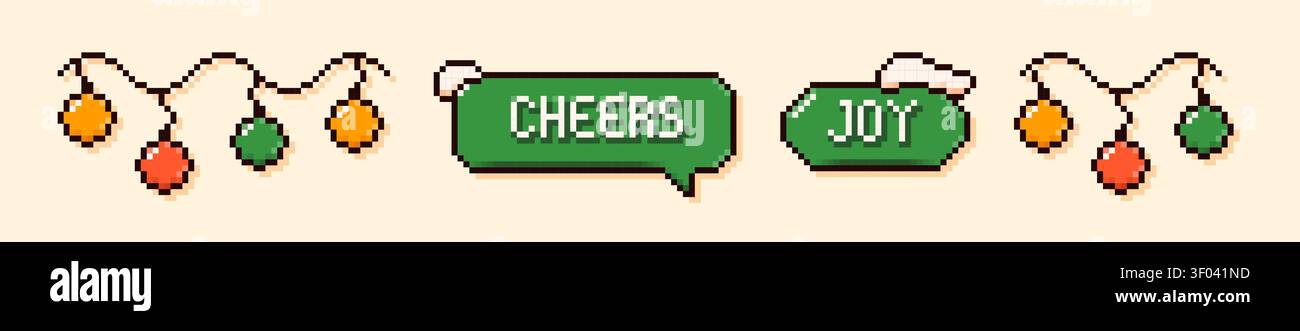 Set con pixel art Joy e allegra le bollicine con colori festivi garland. Illustrazione Vettoriale