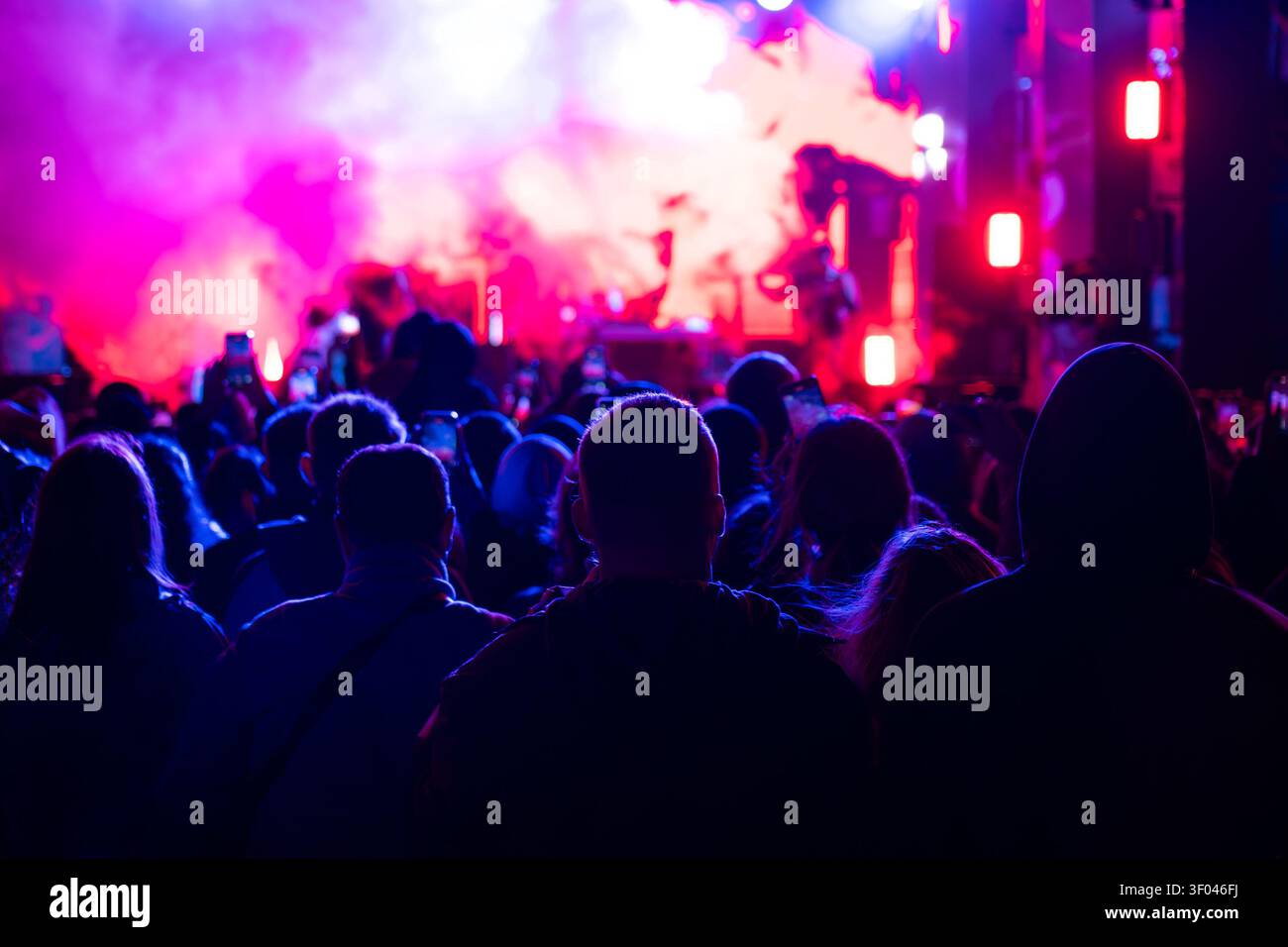 Silhouette di una folla che osserva un concerto dal vivo con fumo rosa vibrante sul palco e luci al neon. Atmosfera da festival musicale ed energia notturna. Foto Stock