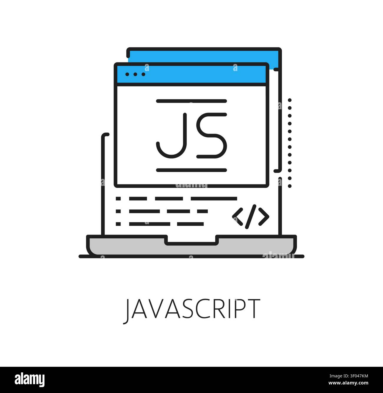 Icona o simbolo della riga di codice del programma Javascript software. Simbolo di programmazione del software, icona di sviluppo del codice del programma. Pittogramma della tecnologia dei sistemi informatici Illustrazione Vettoriale