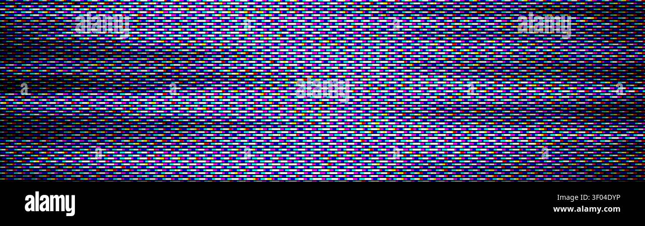 Effetto glitch astratto di sfondo con sovrapposizione del rumore statico, futuristico sfondo cyber screen. Pattern di pixel al neon e distorsione del segnale TV per arte tecnologica e estetica glitch Illustrazione Vettoriale