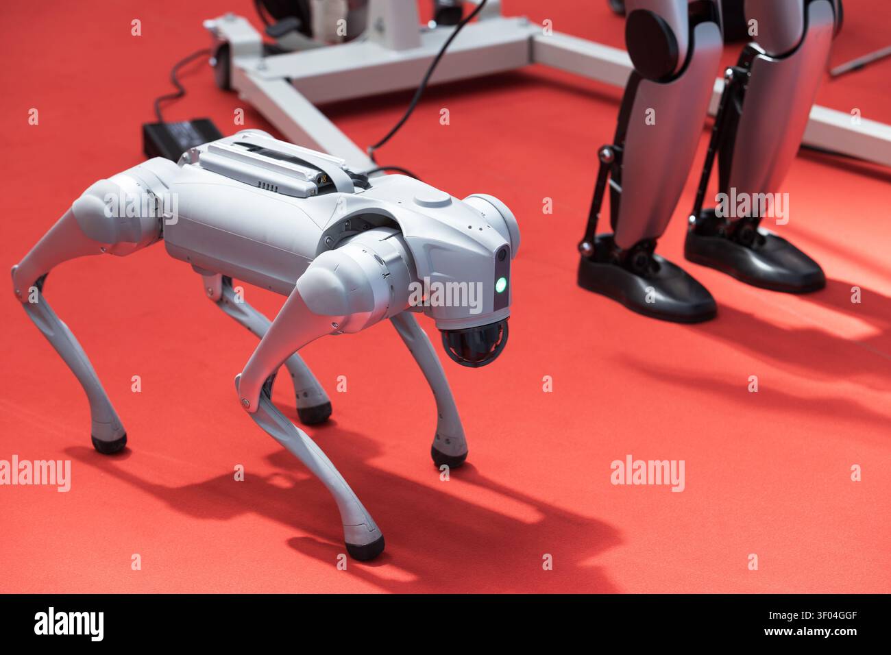 Robotto quadrupede avanzato a forma di cane e robot umanoide in una mostra tecnologica che mostra IA, automazione e robotica futura Foto Stock