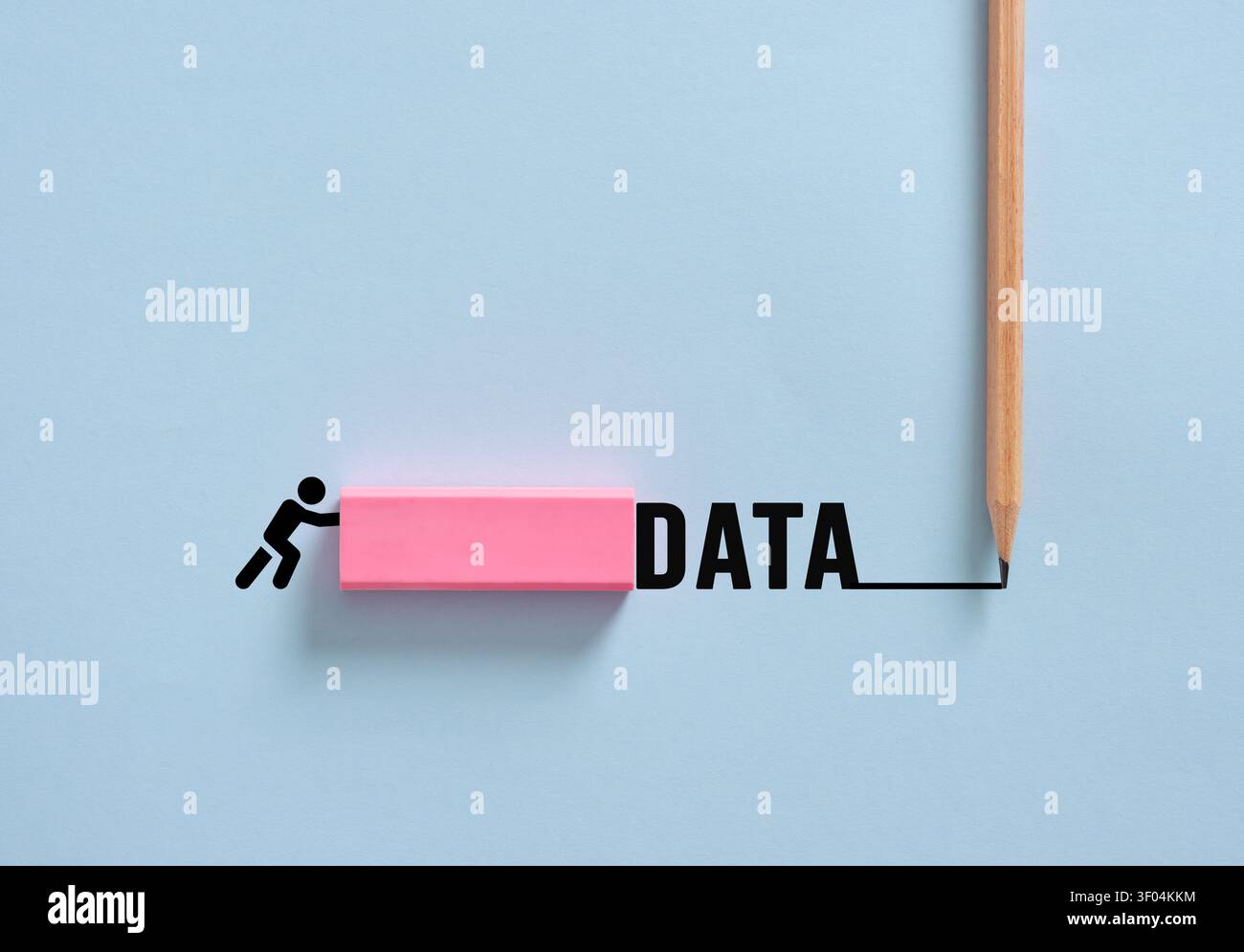 Figura di bastoncino che rimuove la parola DATI con una gomma di gomma rosa, simboleggiando la sicurezza dei dati, la cancellazione e la privacy Foto Stock